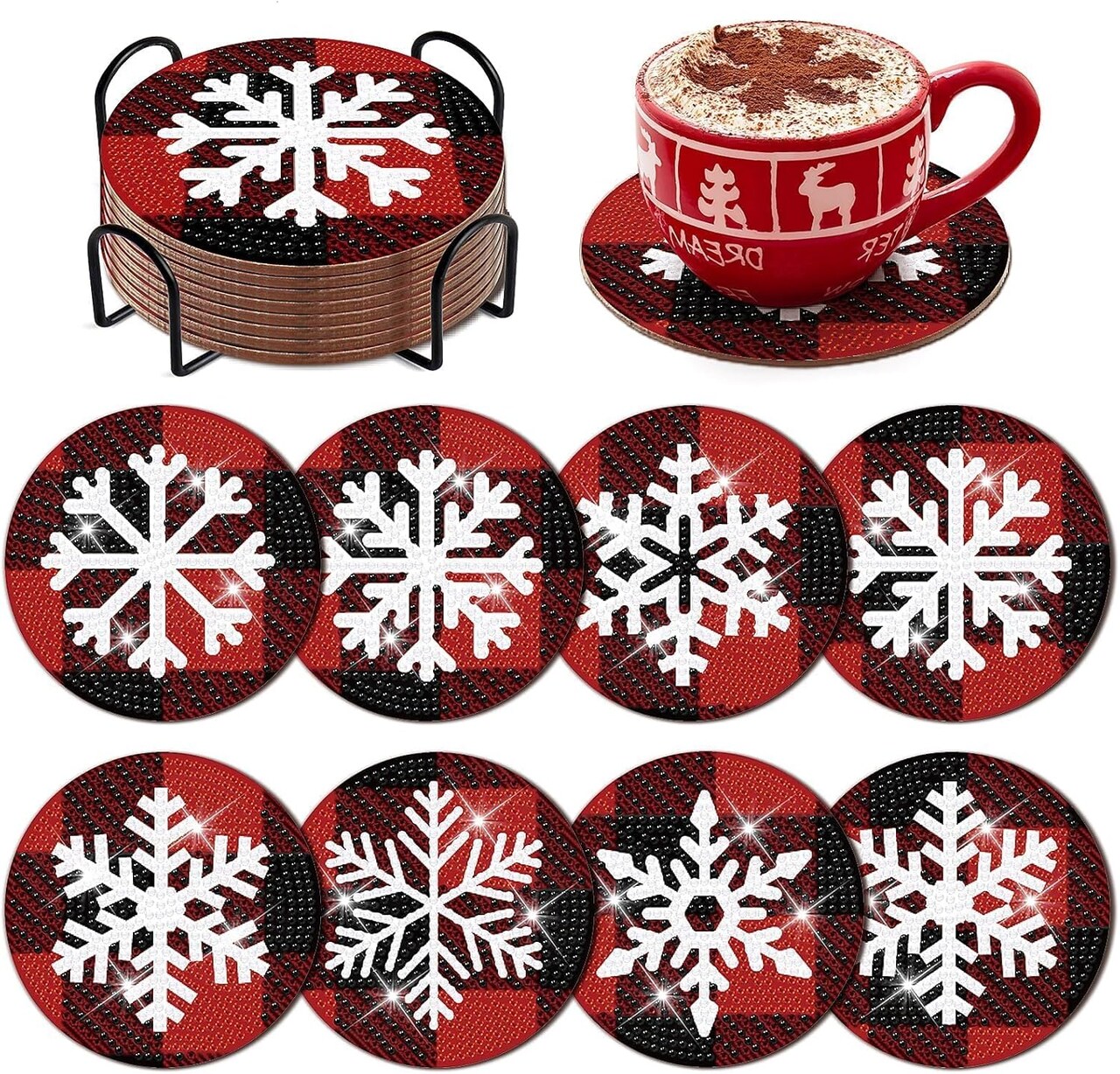 8 Pcs Christmas Snowflake Diamond Art Coasters Kit with Holder Red and Black Plaid Snowflake Diamond Art Coasters for Adults Diamond Art Kit Supplies for Xmas Holiday Presents